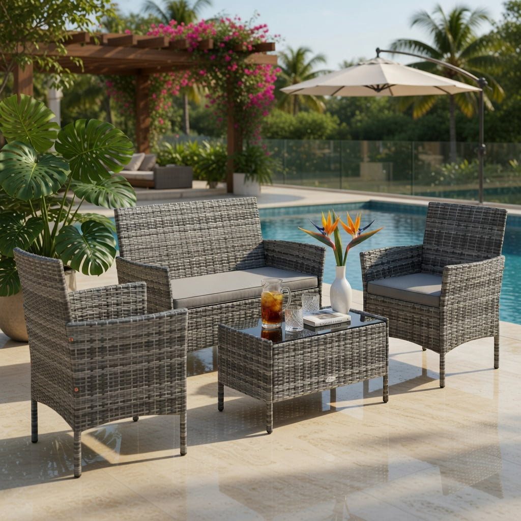 Hommoo 4-Piece Outdoor Rattan Conversation Set with Tempered Glass Coffee Table, PE Wicker, Gray