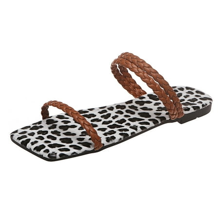 

A0624 ociviesr slipper for Women Summer Womens Ladies Flat Leopard Printed Squared Toe Slippers Shoes Pu