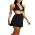thumbnail image 3 of Femmes Été Coupe Slim Robe Strass Patchwork V-Cou Cravate Licol Taille Mini Robe, 3 of 9