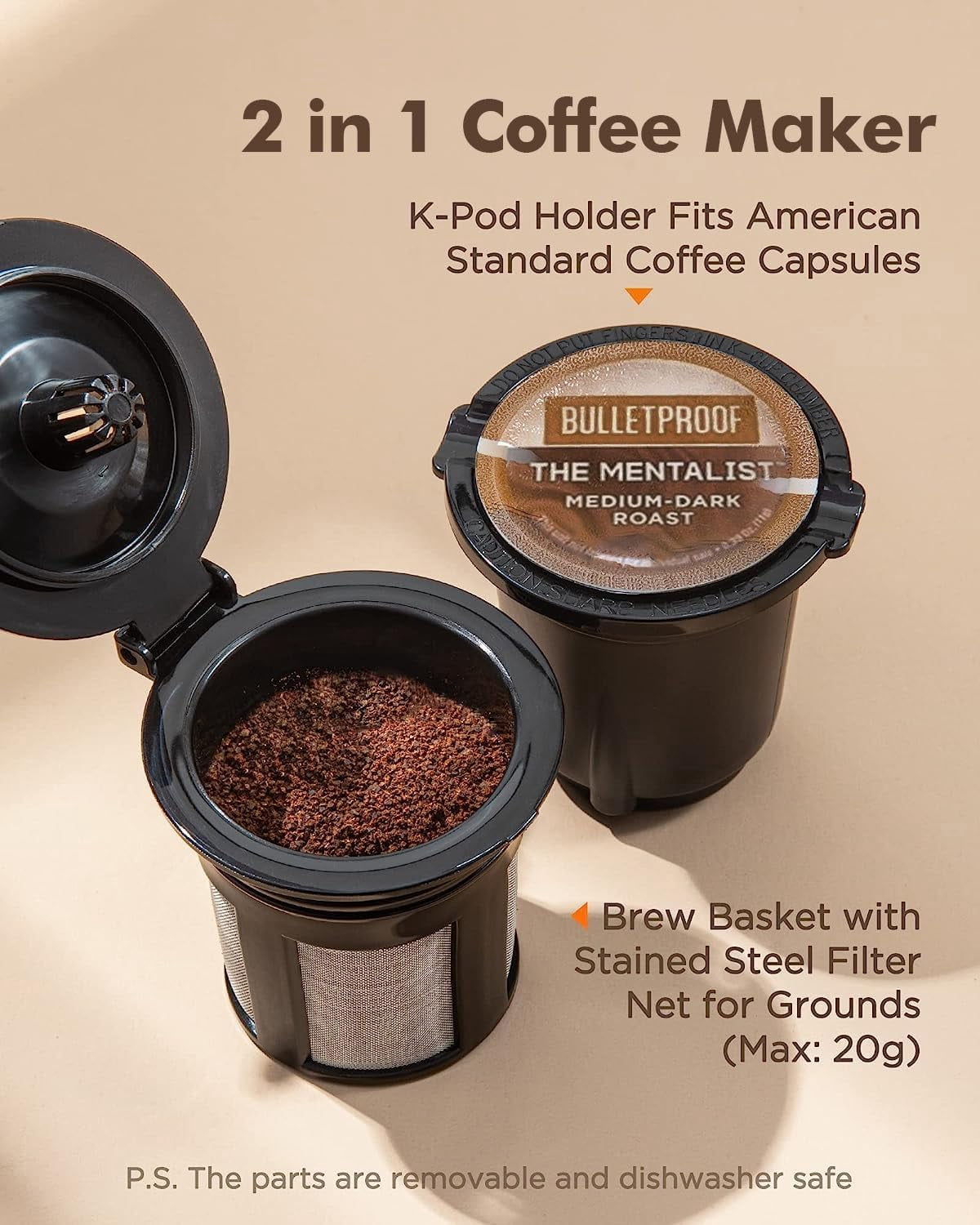 SiFENE Mini 2-in-1 Single Serve Coffee Maker - K Cup & Ground, Descaling, Red