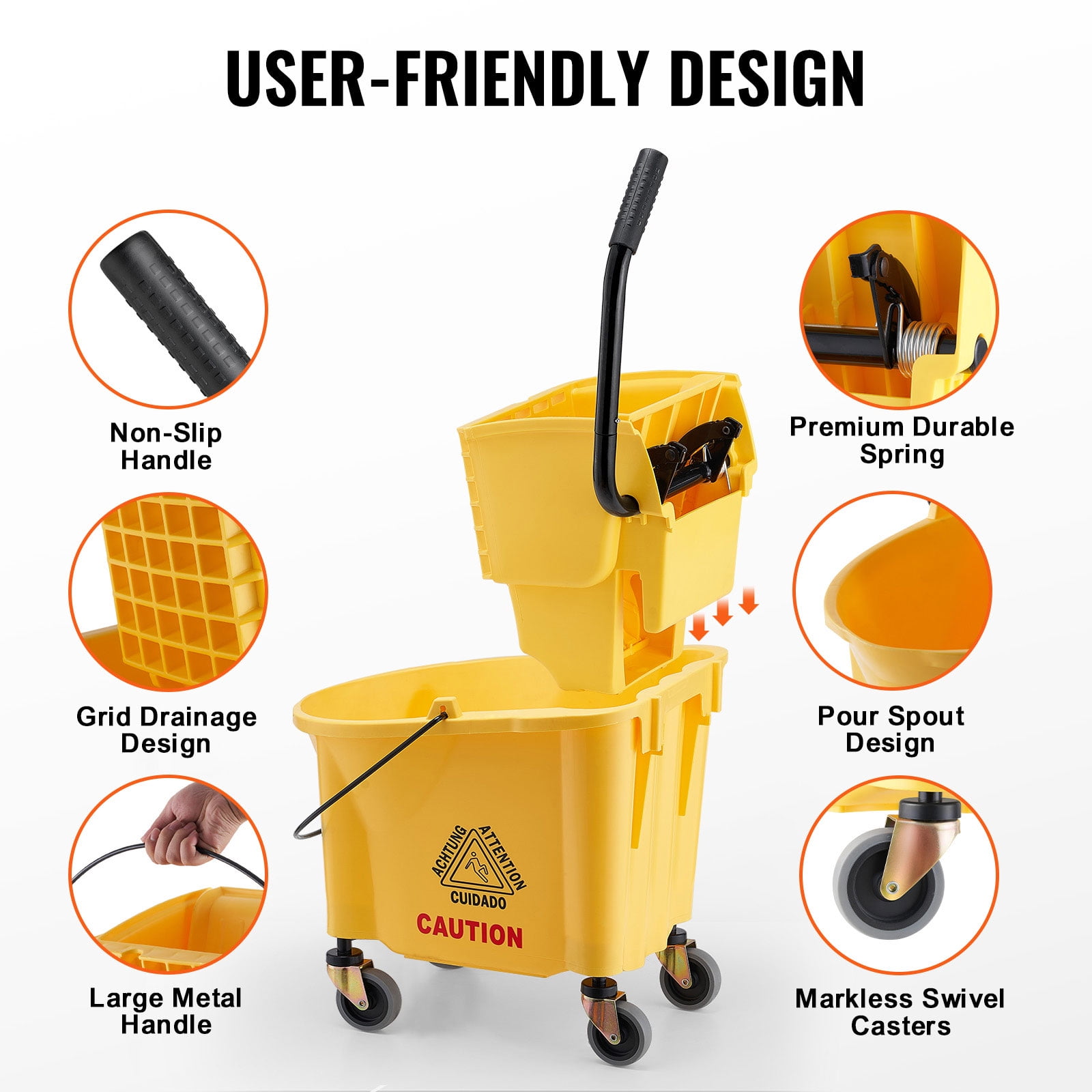 KFFKFF Commercial Mop Bucket with Wringer 26 Qt. Rolling Floor Cleaning Trolley