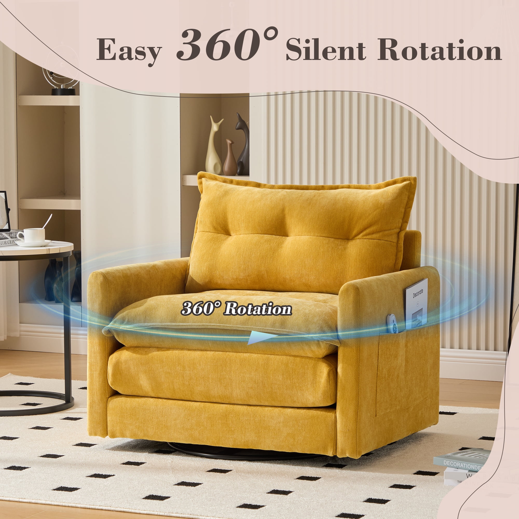 MOOBMISS 360°Swivel Accent Chair, Chenille Upholstered Armchair with Side Pockets & Cushion, Modern Accent Chair with Metal Base for Living Room Bedroom,Mustard Yellow