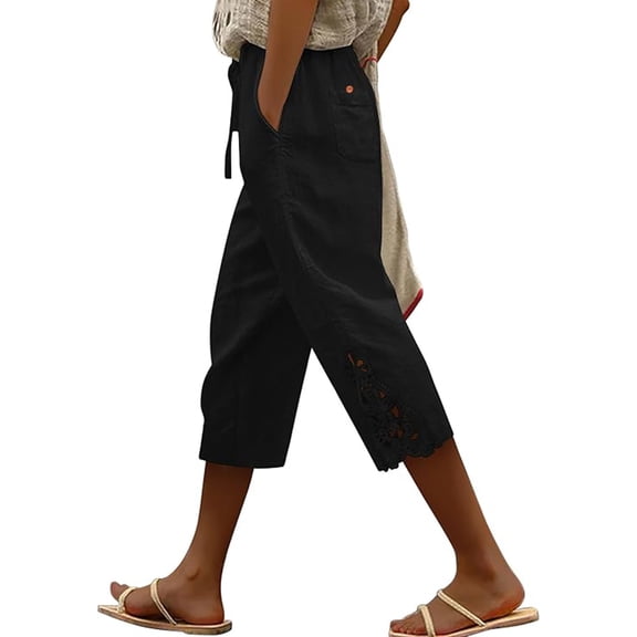 FAHXNVB Women's Cotton Linen Capri Pants Drawstring Elastic Waist Lace Trim Patchwork Pants with Pockets Lightweight Summer Pants