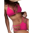 thumbnail image 1 of Qiylii 2 Pcs Women Solid Color Bathing Suits, Adults Tie-up Padded Metal Ring Halter Bra + Thong, 1 of 4
