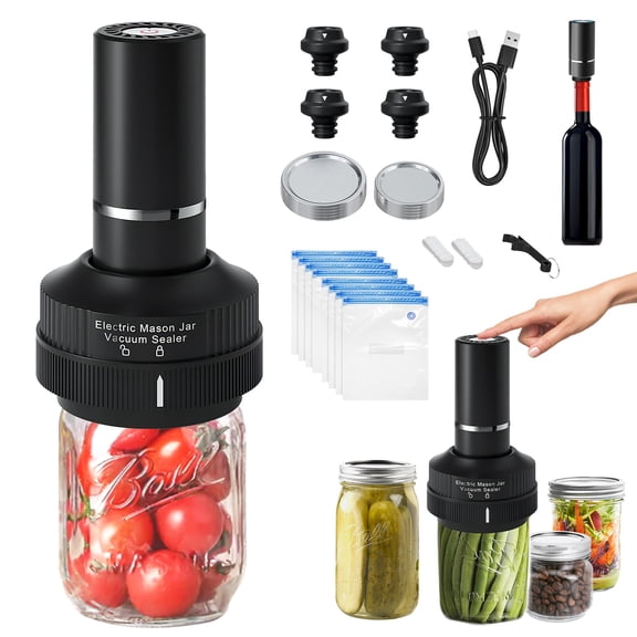 Electric Mason Jar Vacuum Sealer, 4 in 1 Vacuum Sealer Kit for Wide-Mouth & Regular-Mouth Mason Jars, Automatic Jar Sealer Stop for Food Storage Bags, Wine Bottles,Kitchen Tools
