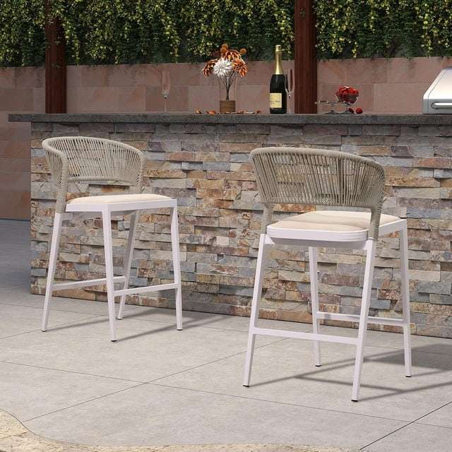 PURPLE LEAF Counter Height Stool Set of 2 Modern Aluminum Rattan Wicker Outdoor Barstools with Backrest and Cushion for Kitchen Lawn Pool Bar Chairs, White