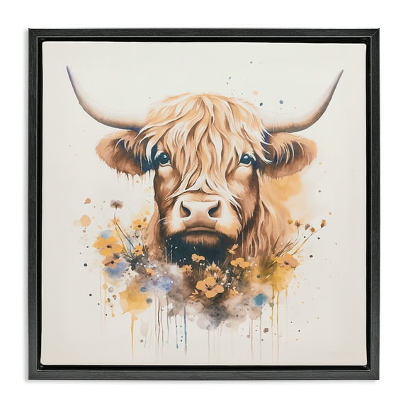 Stupell Industries Fancy Florals Highland Cow Animals Painting Black Floater Framed Canvas Art Print Wall Art, 18 x 18