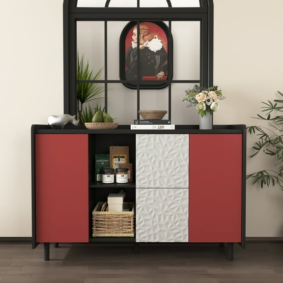 New Sideboard Buffet Cabinet, Black Storage Cabinet With Red Doors , 2 Drawers With Unique Panel Styling And 2 Open Storage Modern Coffee Bar Cabinet Accent Cabinet For Kitchen, Dining Room