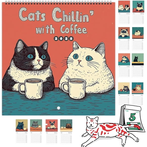 Calendario RWSEFK 2025 Cat Relajándose con café para amantes de los gatos