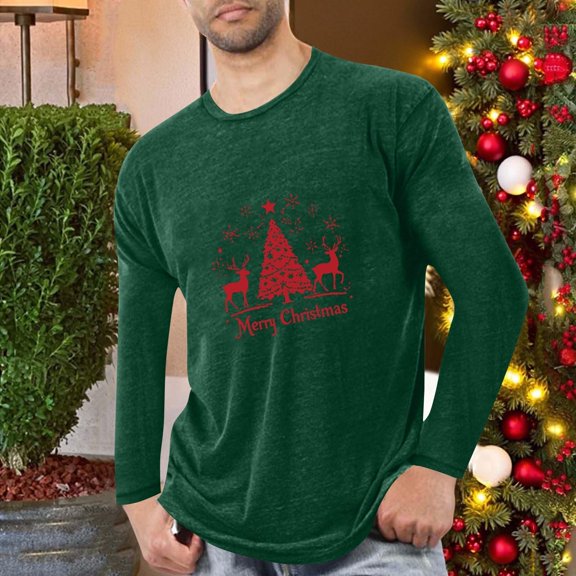BXJX Men's Crew Neck Shirts- Holiday Casual Christmas Print Comfortable Long Sleeve Tops Army Green Size L