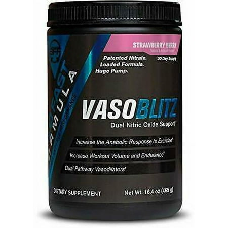 VASOBLITZ Award Winning Dual Nitric Oxide Pre Workout with NO3T Arginine Nitrate, L-Citrulline, Betaine Anhydrous, Calcium Lactate & Caffeine Free for Muscular Endurance (30 Serving,Strawberry Berry)