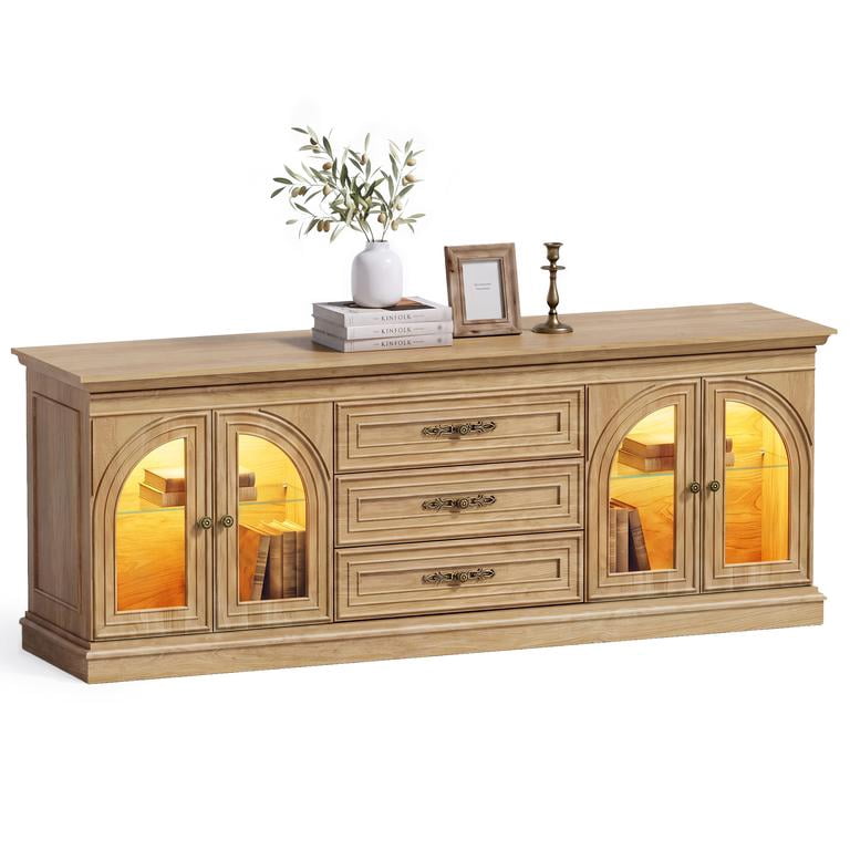 Lacoo 63'' Vintage-Style TV Stand for TVs Up to 70'' with LED Lights, Entertainment Center with Storage Cabinets and Drawers for Living Room, Natural