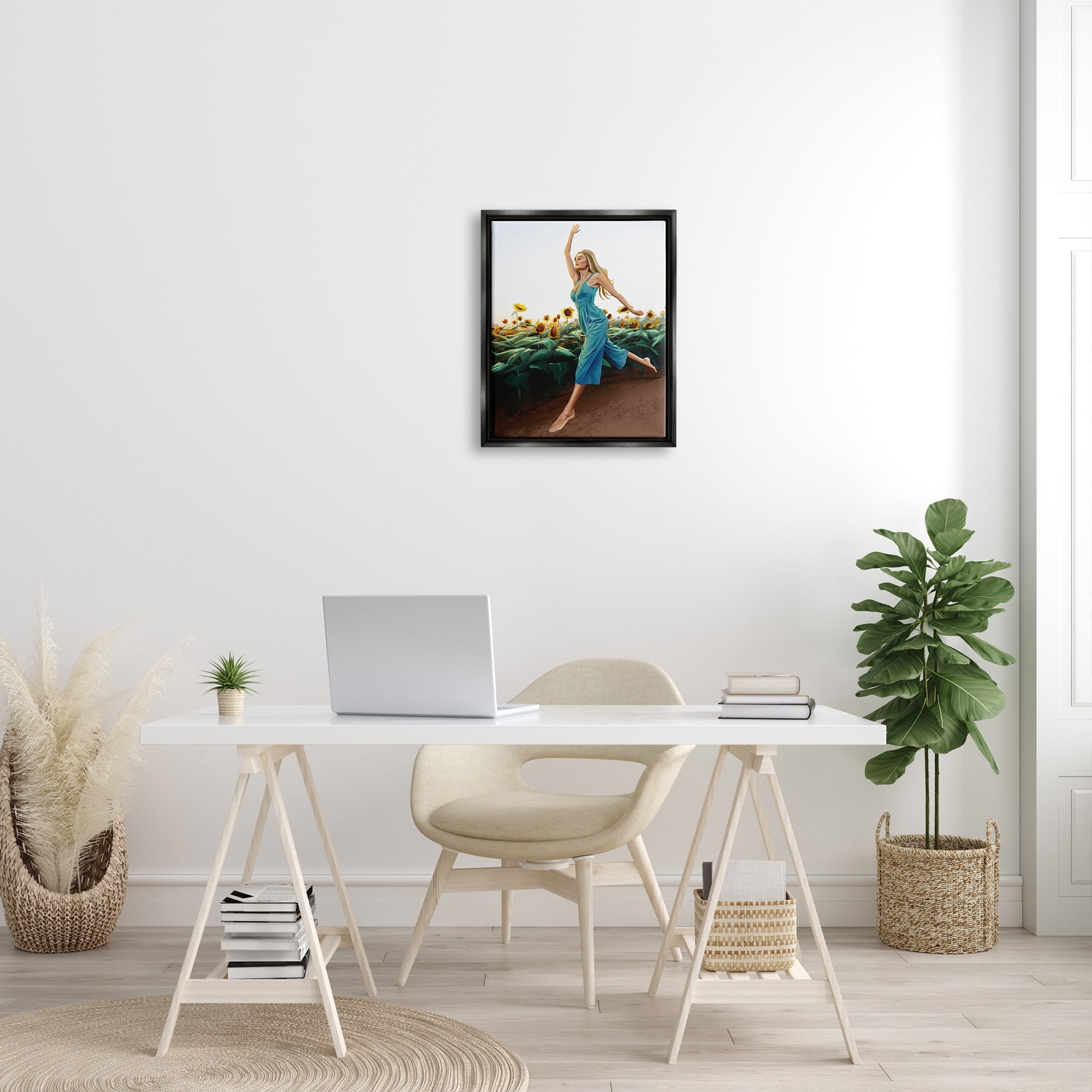 Stupell Industries Woman Running Through Rural Sunflower Meadow Field Painting Jet Black Floating Framed Canvas Print Wall Art, Design by Ziwei Li