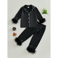 thumbnail image 4 of RUINIXCW Toddler Baby Girl Silk Satin Pajama Set Kids Spring Fall Winter PJS Set Sleepwear Fuzzy Trim Long Sleeve Button Down Shirt and Pants Set Loungwear Homewear, 4 of 9