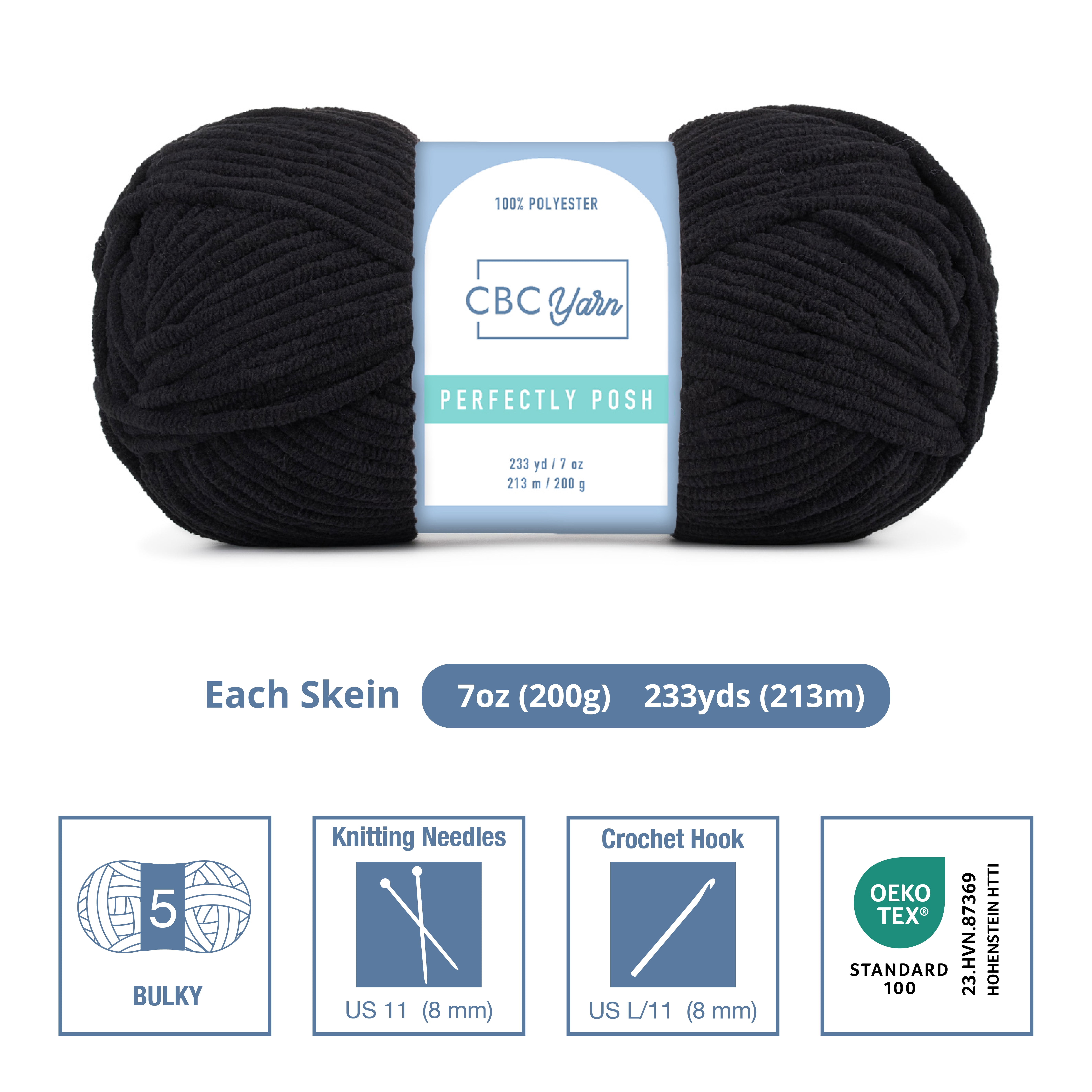 CBC Perfectly Posh Chenille Yarn for Knitting, Crocheting and Amigurumi - 2 Pack (7 oz / 200 g, 233 yards Each Skein), Black, Gauge 5 Bulky