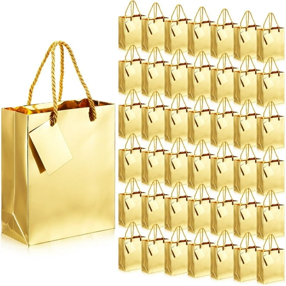 Lsupdaol 6 Pack Metallic Gold Gift Bags with Tags Gold Foil Favor Glossy Finish Waterproof Bags with Handles for Birthday Party Anniversary Wedding Baby Shower