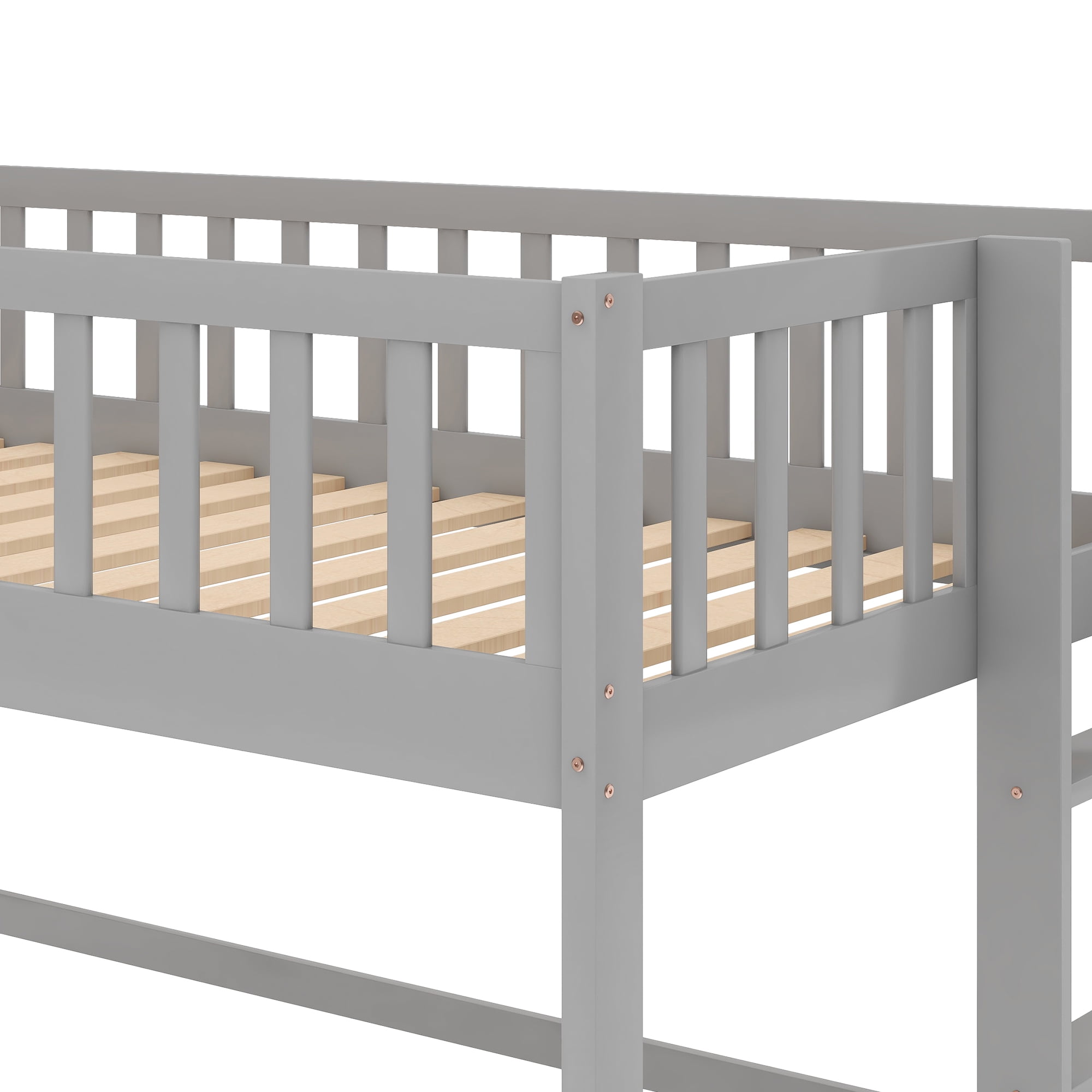 MAYEERTY Twin Size Low Loft Bed with Ladder and Slide, Gray