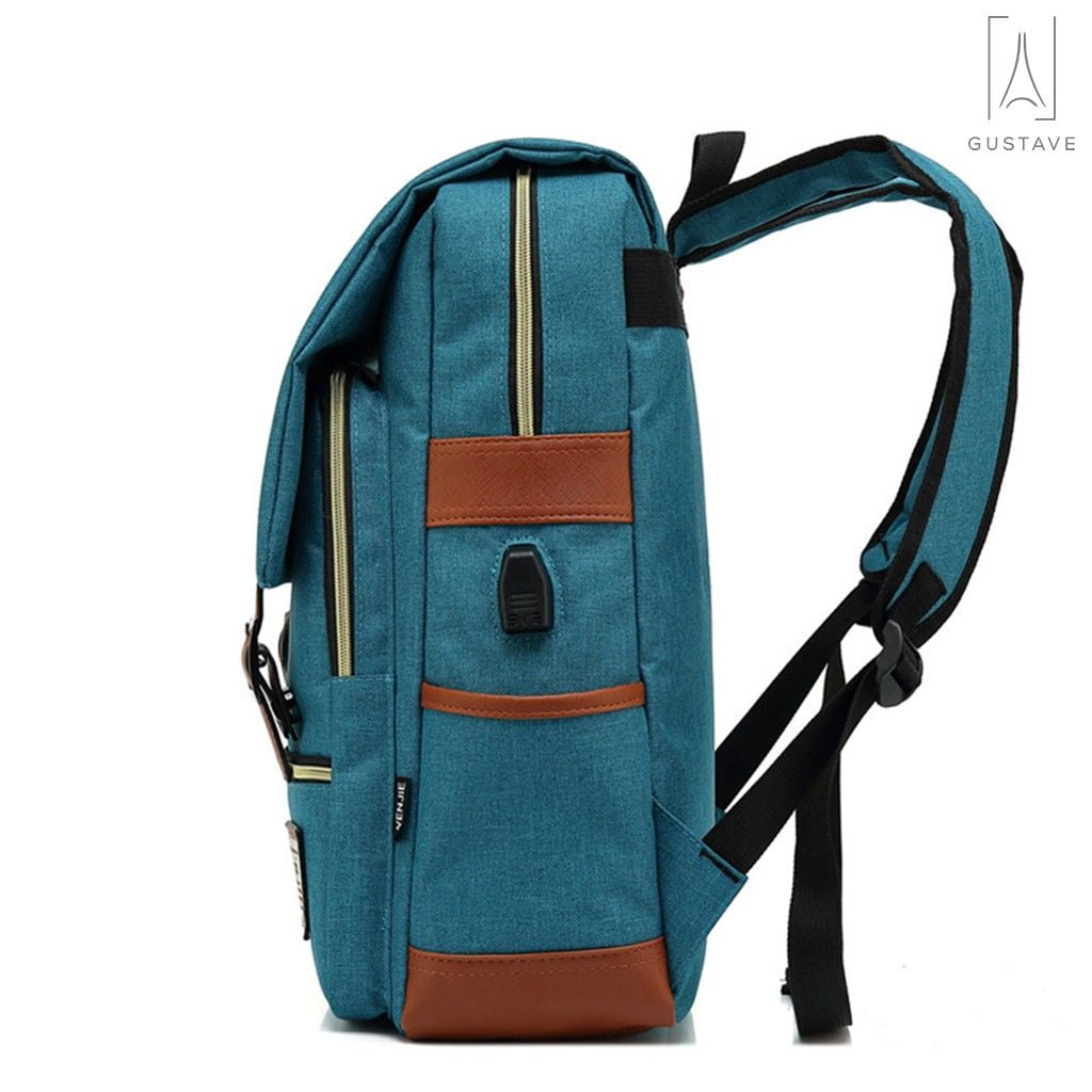 Gustave Canvas Anti-Theft Laptop Backpack for Men Women Large Capacity Casual Travel Backpack Daypack Computer Bag with USB Charging Port "Blue"