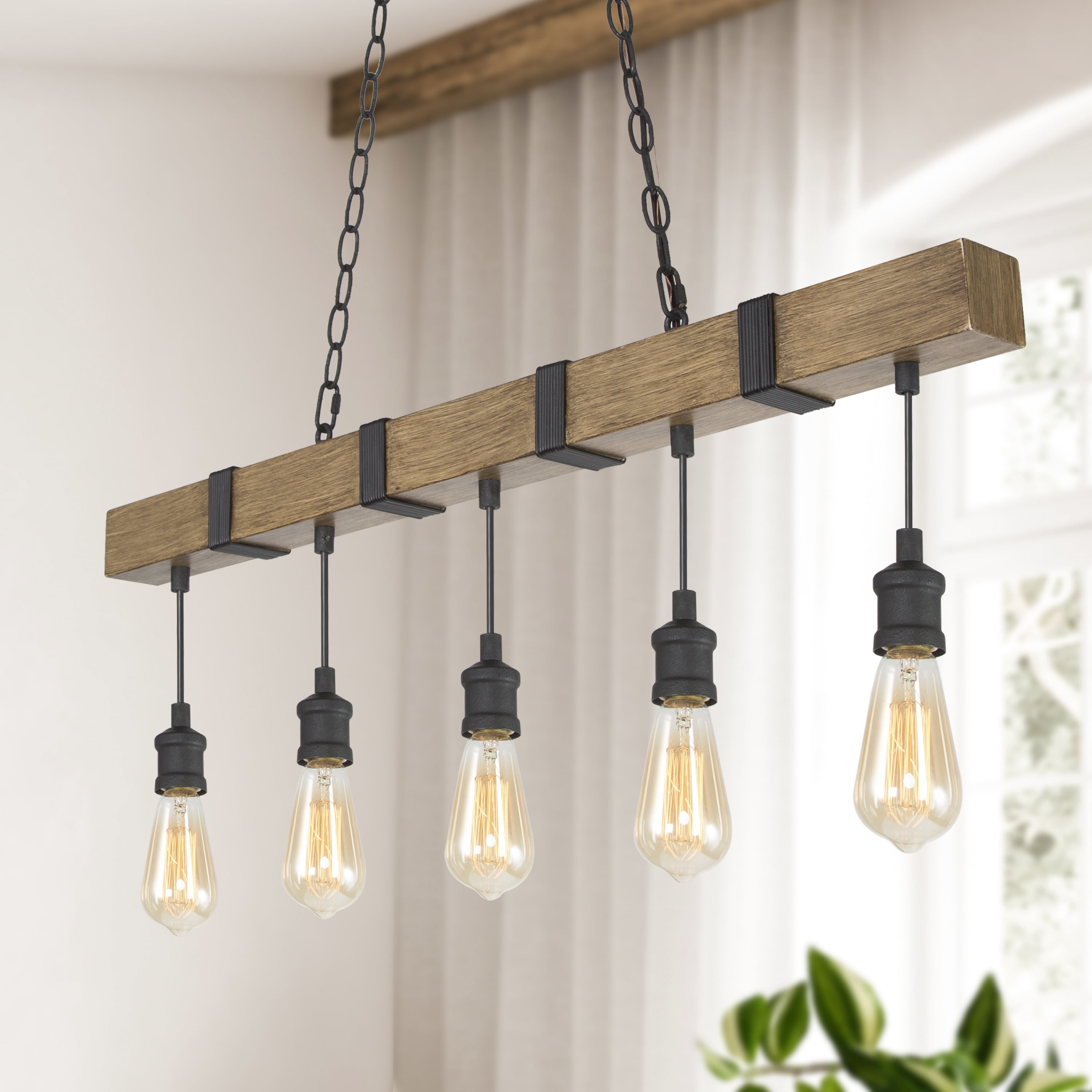 LNC 5-Light Brown Wood and Black Bare Bulb LED Farmhouse Linear Chandelier