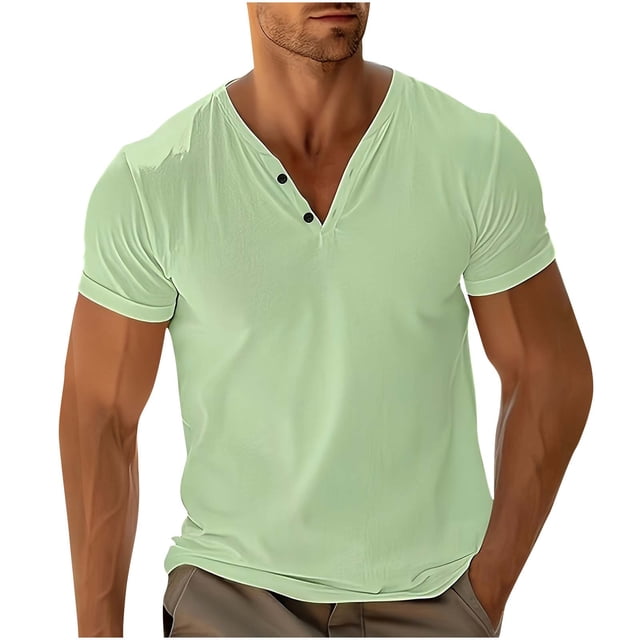 ameIAEA Men's Short Sleeve T-Shirts Button V Neck Summer Tees Solid Color Casual Pullover Tops