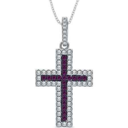 1/4 Carat T.G.W. CZ and Created Ruby Gemstone Sterling Silver Cross Pendant Necklace, 18" Chain