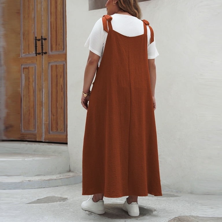 Linen Apron Cross Back Apron for Women,Pinafore Dress,Solid Color Large  Size Suspenders Conjoined Dresses with Big Pockets