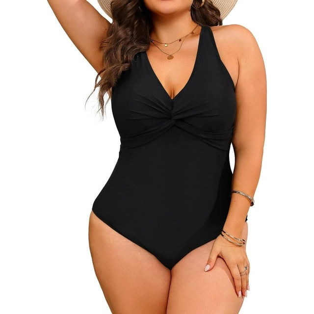 GFDYREE Women Plus Size One Piece Swimsuits V Neck Tummy Control Bathing Suits Front Cross Swimwear
