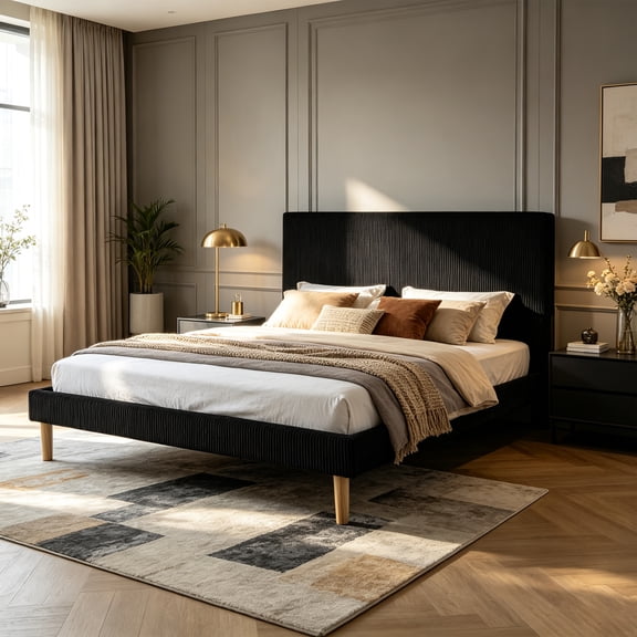 Bed Frame with Framed style Upholstered Button Tufted Headboard, Easy Assembly, No Box Spring Needed