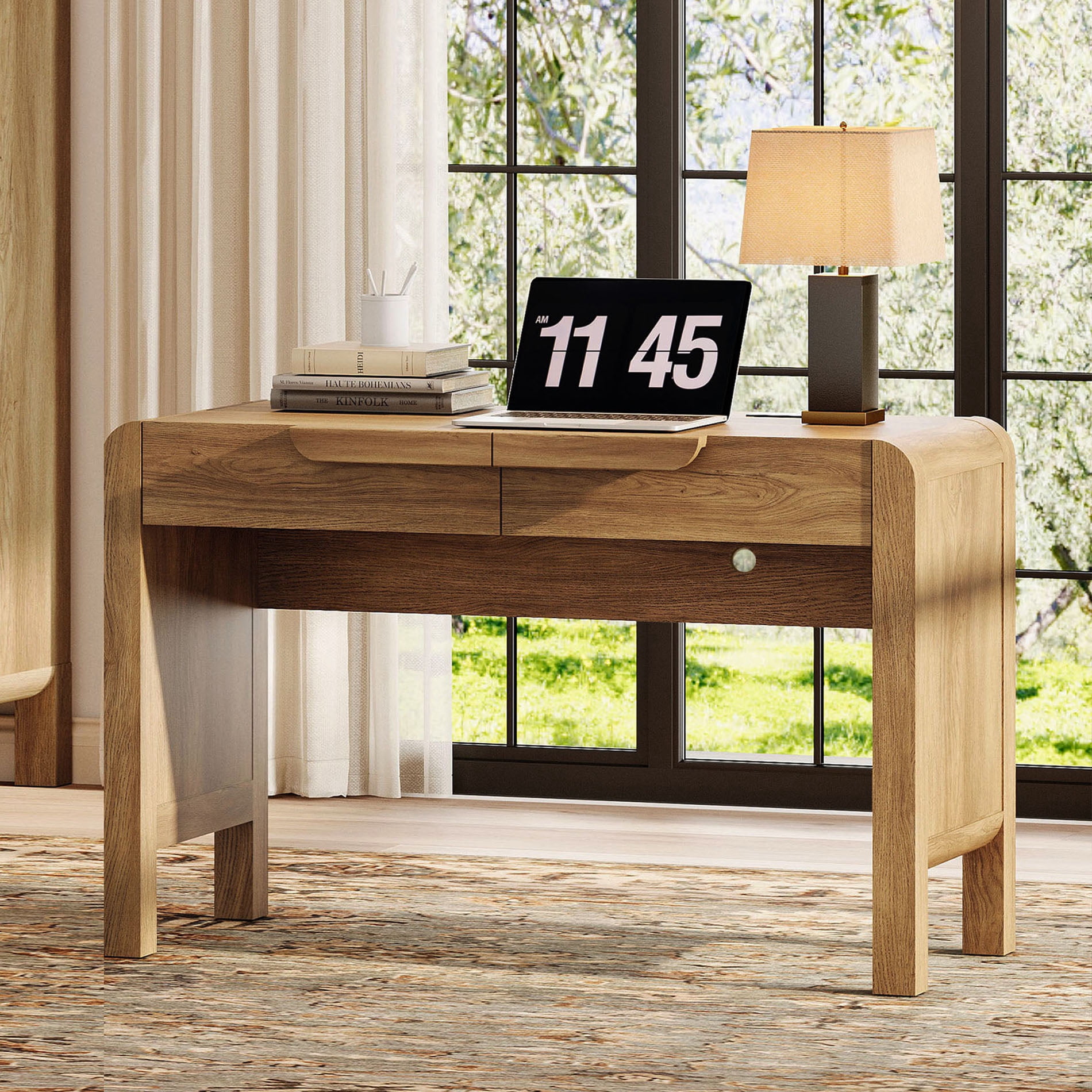 47.2”W Mid-century Modern Curved Waterfall Writing Desk With 2 Drawers，Wood Computer Desk With Charging Station, Standing Desk For Home Office