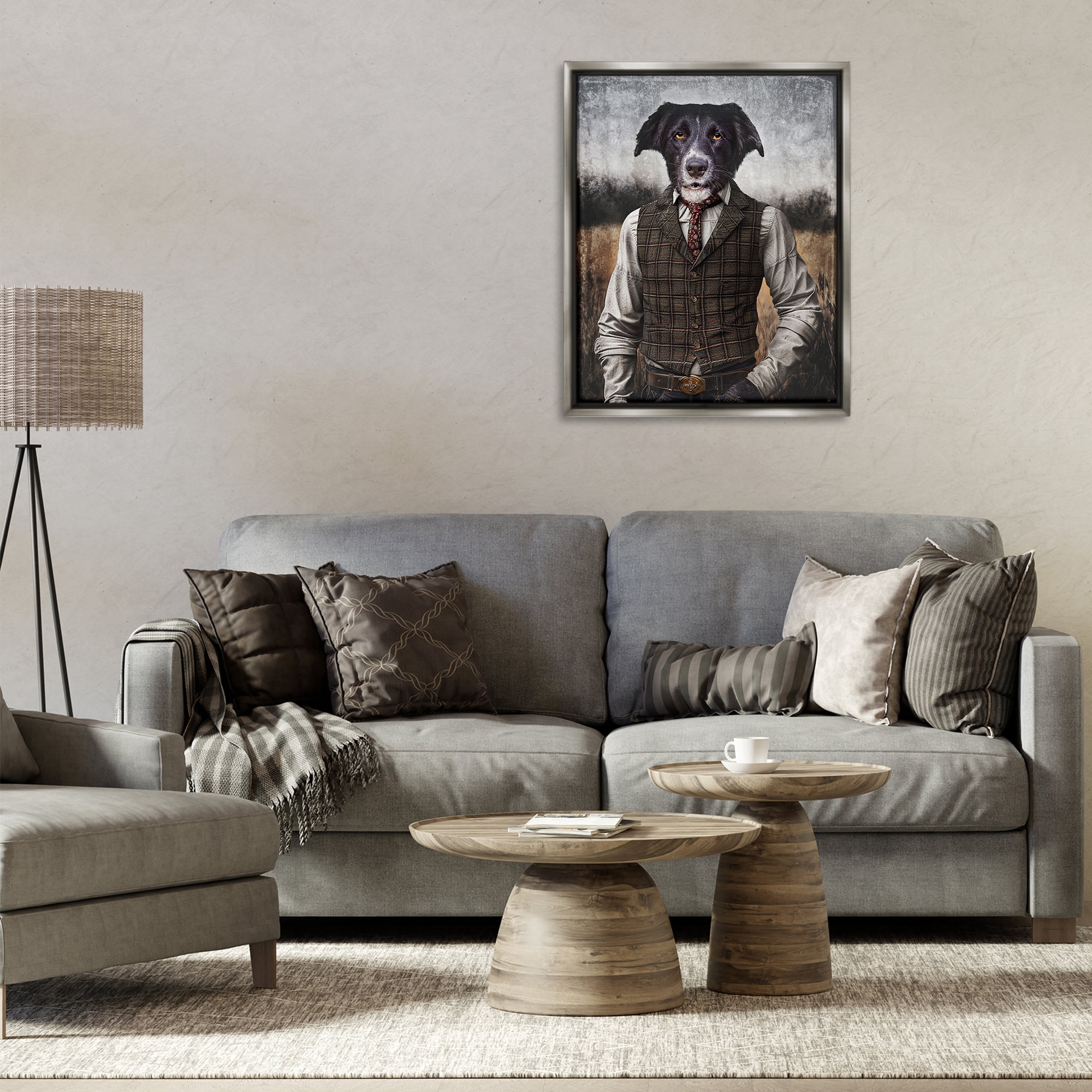 Stupell Industries Dog in Colonial Clothes Animals & Insects Painting Gray Floater Framed Canvas Art Print Wall Art, 25 x 31