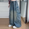 thumbnail image 7 of CPNG Teen Girls Solid Color Baggy Leg Wide Leg Cargo Denim Pants Trendy Loose Casual Denim High Waist Cargo Jeans(Light Blue,15-16 Years), 7 of 7