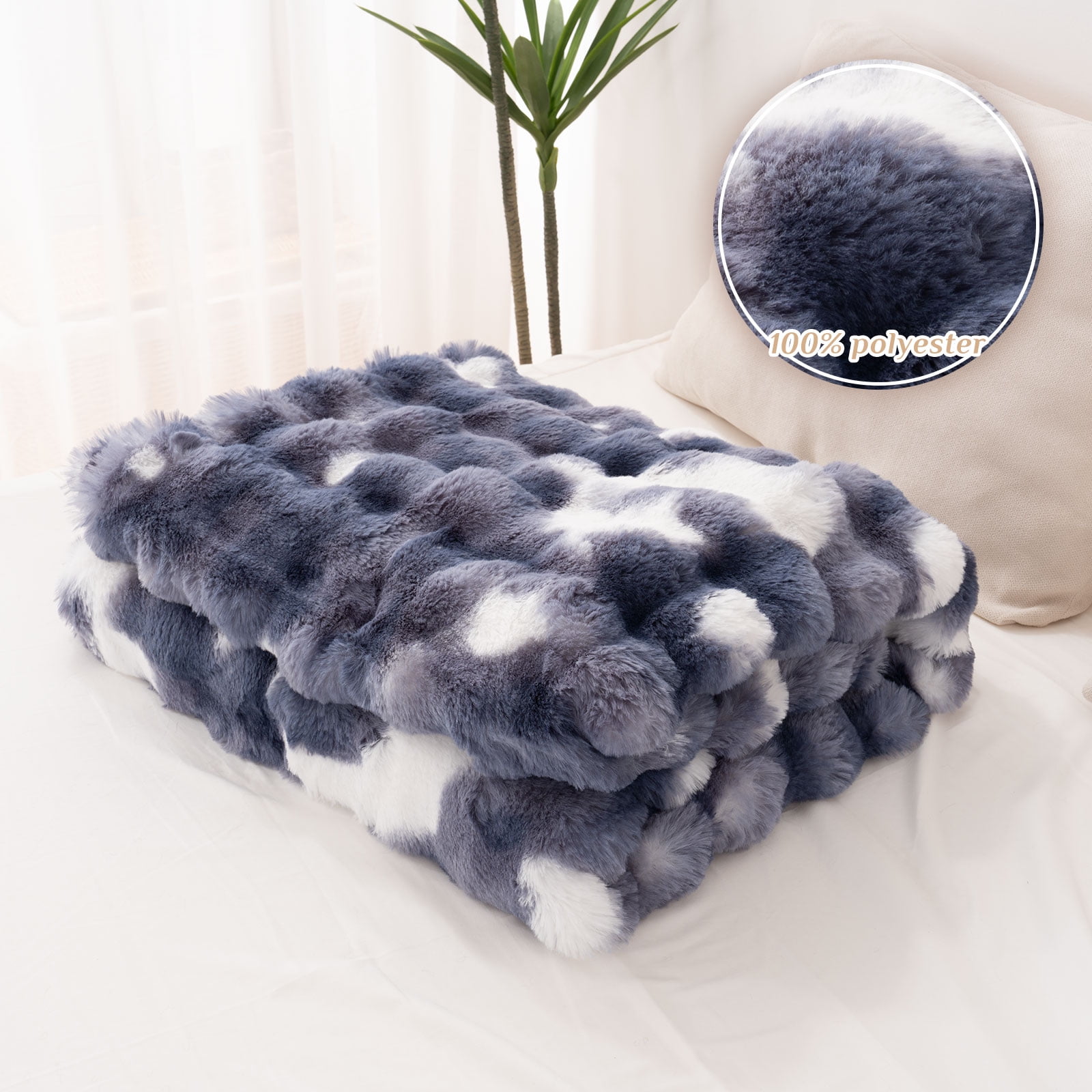 VK·LIVING Thick Ribbed Faux Rabbit Fur Cozy Reversible Throw Blanket,Super Soft 3D Striped Fuzzy Cozy Blankets,Blue,108"x 90"