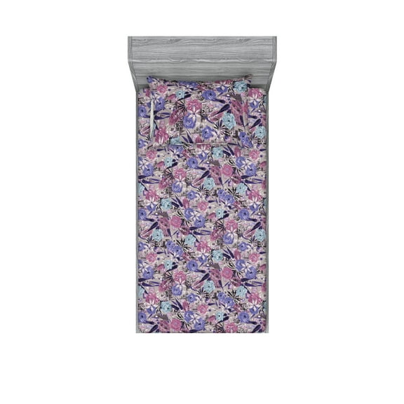 Asian Floral Fitted Sheet & Pillow Sham Set, Grunge Ornaments Delicate Rose Pattern with Nude Winter Colors Art, Decorative Printed 2 Piece Bedding Decor, Twin, Blue Violet Dried Rose, by Ambesonne