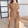 thumbnail image 4 of Birdeem Printemps et Été Femmes Élégant Bandage Uni Décontracté Manches Courtes Col Rond Blouses Hauts Ensembles Pantalons Longs, 4 of 12