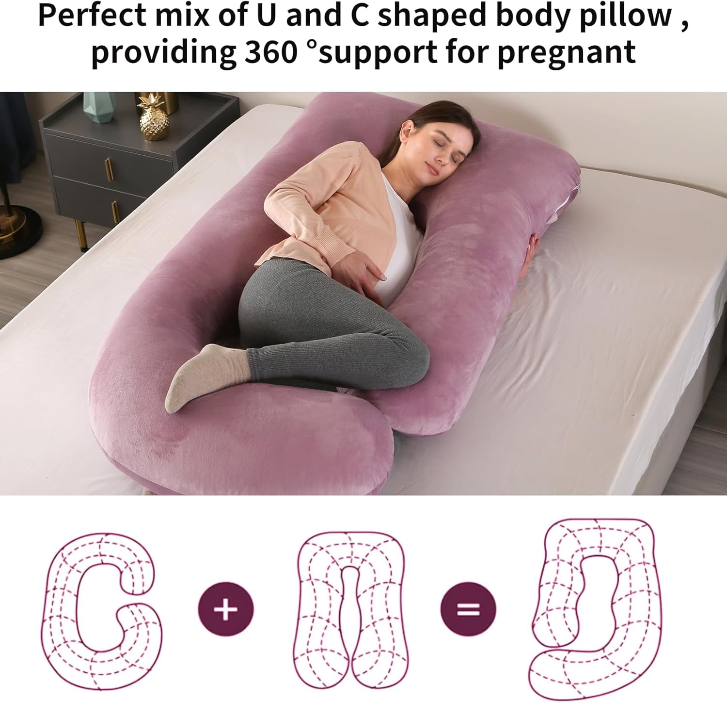 U-Shaped Pregnancy Pillow for Sleeping, Full Body Support for Back, HIPS & Belly -65 Inch Maternity Pillow with Machine Washable Cover | Maternity Essential (Velvet Pink-65inch)