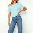 thumbnail image 2 of fheaev Summer Blouses for Women Asymmetric Neck Short Sleeve Loose Fit Lightweight Solid Casual Top Sky Blue M, 2 of 7