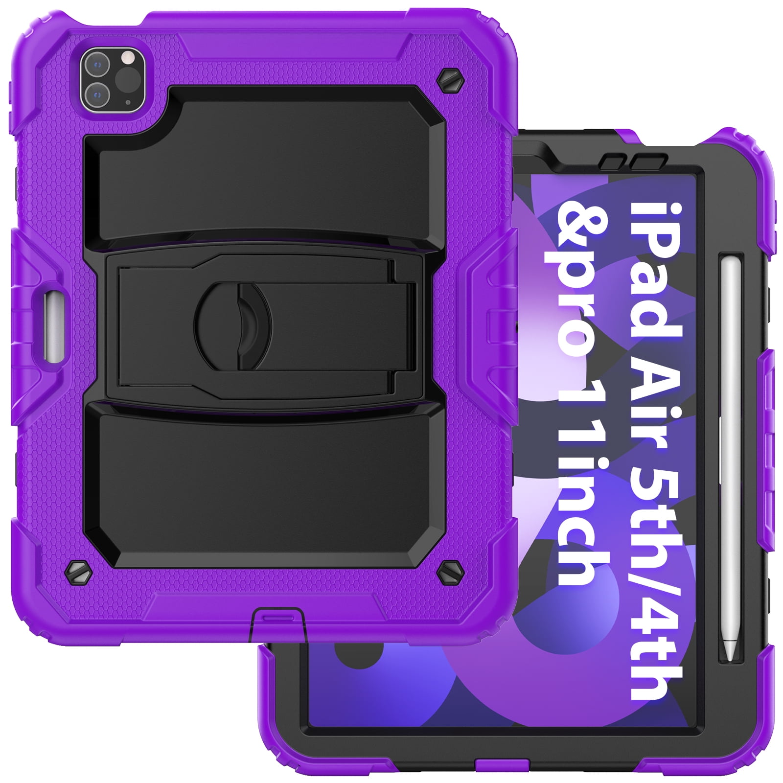 Shockproof Case for Apple iPad Air 11-inch 2024 iPad Pro 11 2022/2021/2020/2018 4th/ 3rd/ 2nd/1st/ iPad Air 4 5 10.9", Shoulder Strap Kids Case with Pencil Holder/Screen Protector,Purple