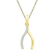 10K Yellow Gold Diamond Wishbone Lucky Fine Prosperity Necklace Pendant 1/20 Ctw.