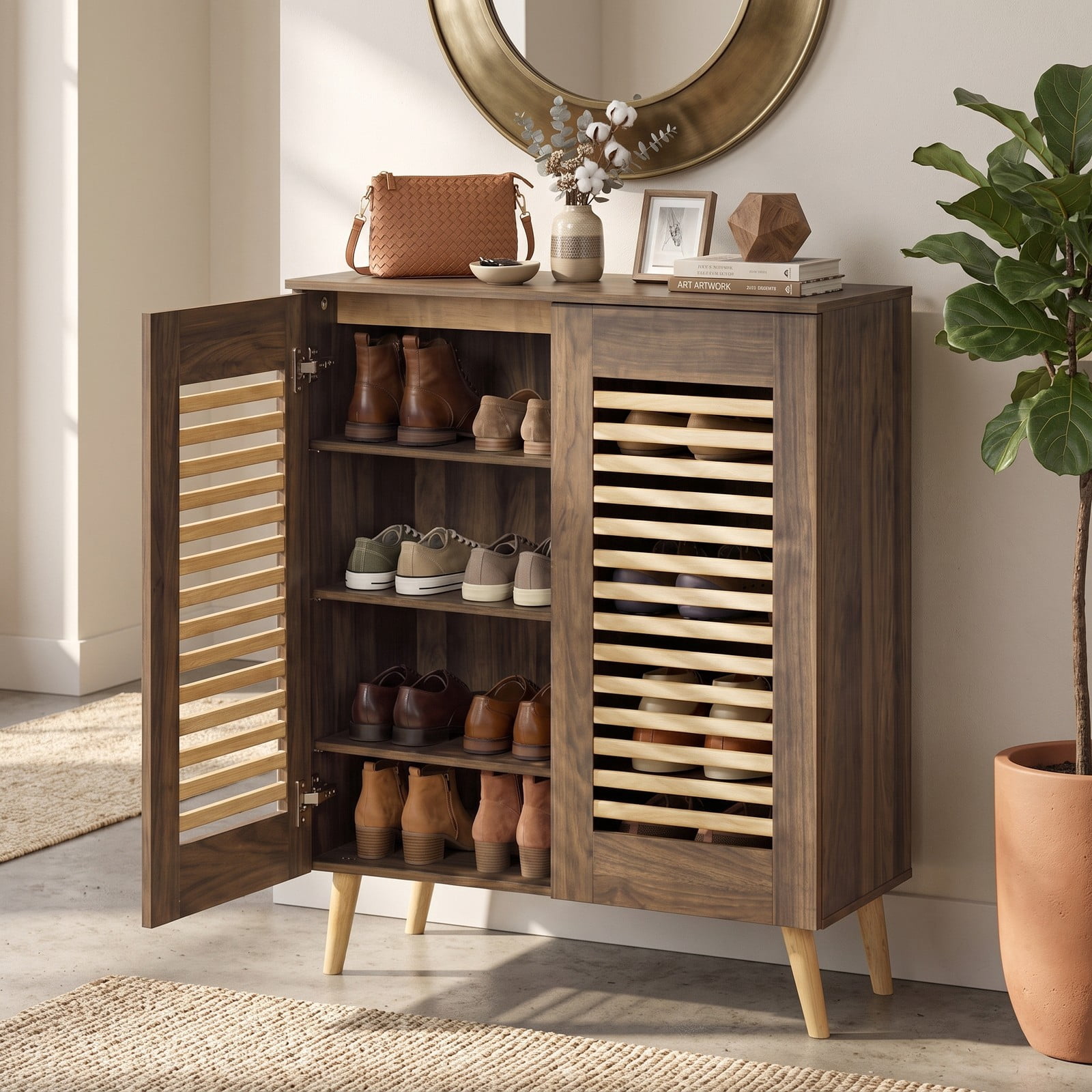 Furnibear Shoe Cabinet with Louvered Doors and 3 Removable Shelves for Entryway Closet and Hallway Shoe Storage Organizer, Walnut