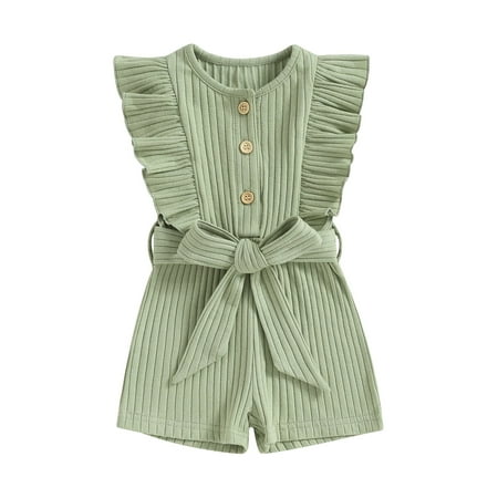 

Suanret Toddler Baby Girl Summer Jumpsuit Solid Color Ruffled Sleeveless Button Romper Shorts with Belt Green 9-12 Months