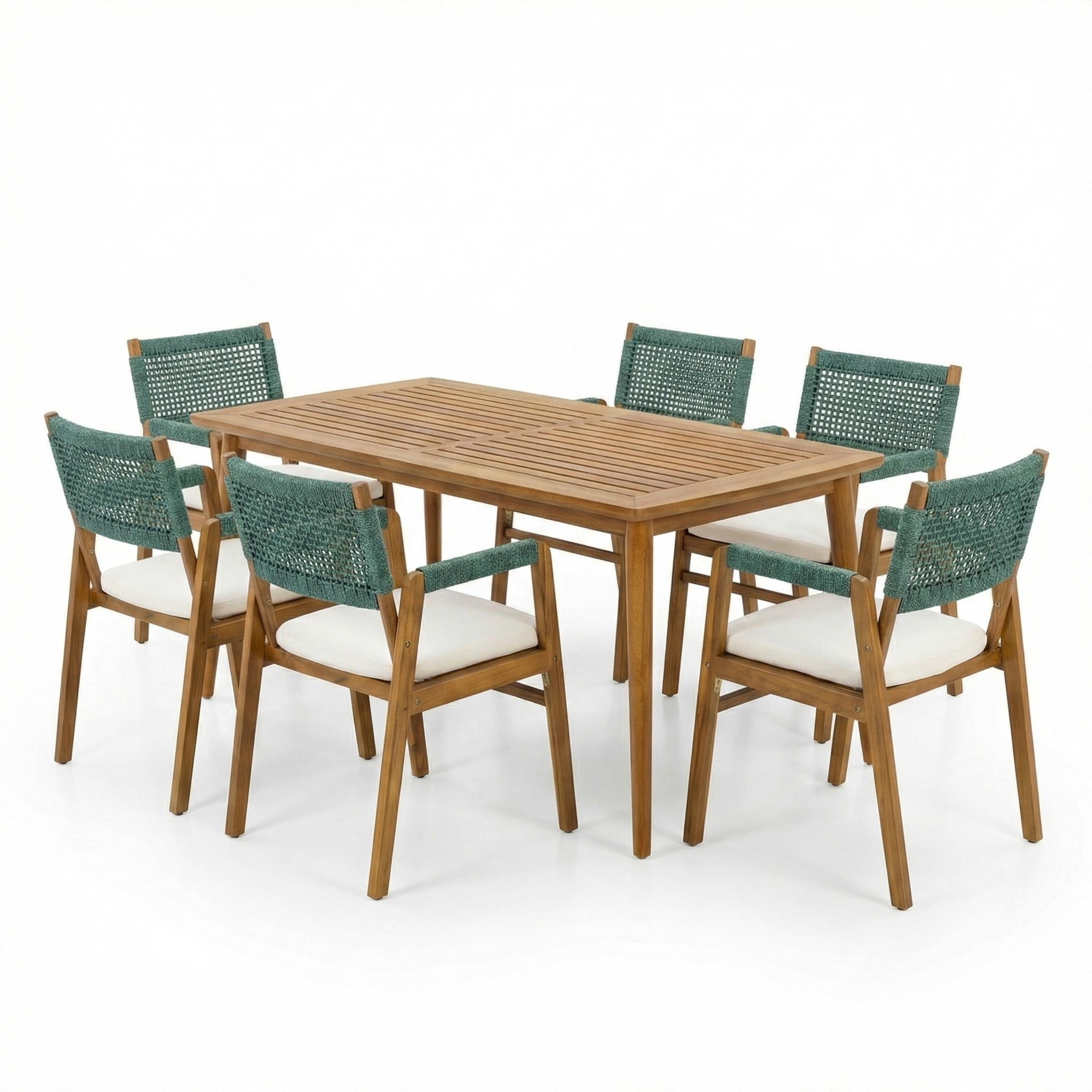 Christopher Knight Home 7-Piece Outdoor Acacia Wood Dining Set with Rope Chairs and 79" Table, Green+Teak