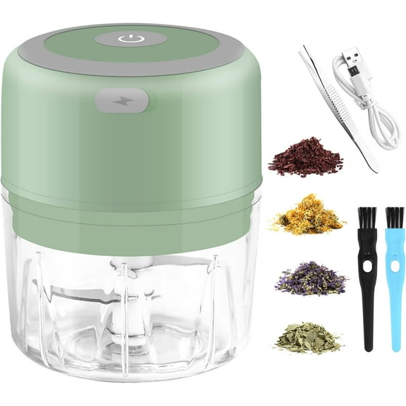 Electric Herb Grinder, 3.5 Inch Large Grinders for Grinding Dry Fresh Herbs and Spice with Clear Chamber, Portable USB Charge Herb Grinder, Including Clean Brush and Tweezers, Gift Box, Green