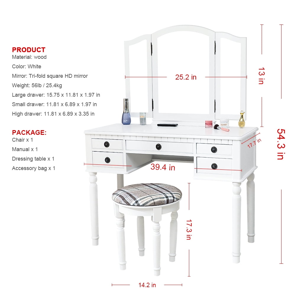 Kepooman Dresser Vanity Table Set, 3-Fold Mirror Drawers Roman Column for Home BedRoom Kepooman Dresser Vanity Table Set, 3-Fold Mirror Drawers Roman Column for Home BedRoom