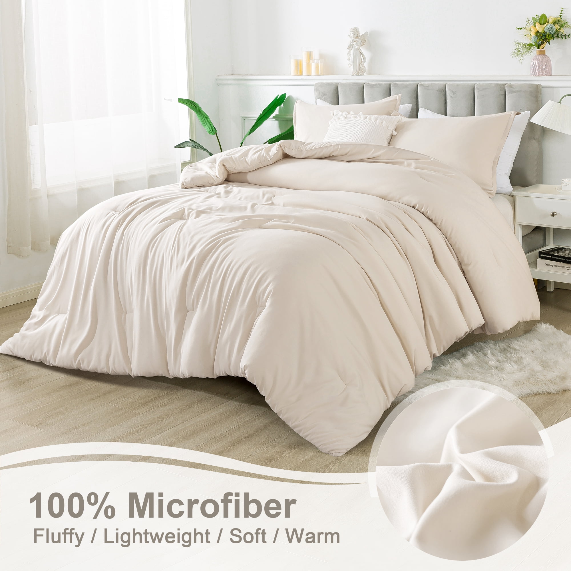 Andency Queen Comforter Set Beige, 3 Pieces Soft Fluffy Bedding Comforter Sets for Queen Bed, Solid Lightweight Microfiber Down Alternative Bed Set(1 Comforter & 2 Pillowcases)