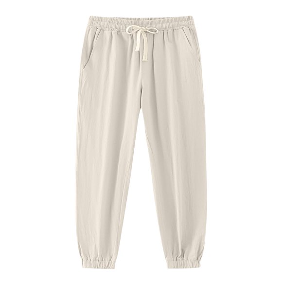 Khaki for Man Summer Fall Faux Gauze Linen Sport Gym Happy Holiday Gift Casual Ruched Paperbag Straight Leg Elastic Waist Plain Long Leg Trousers Pants Man 2025 XXL