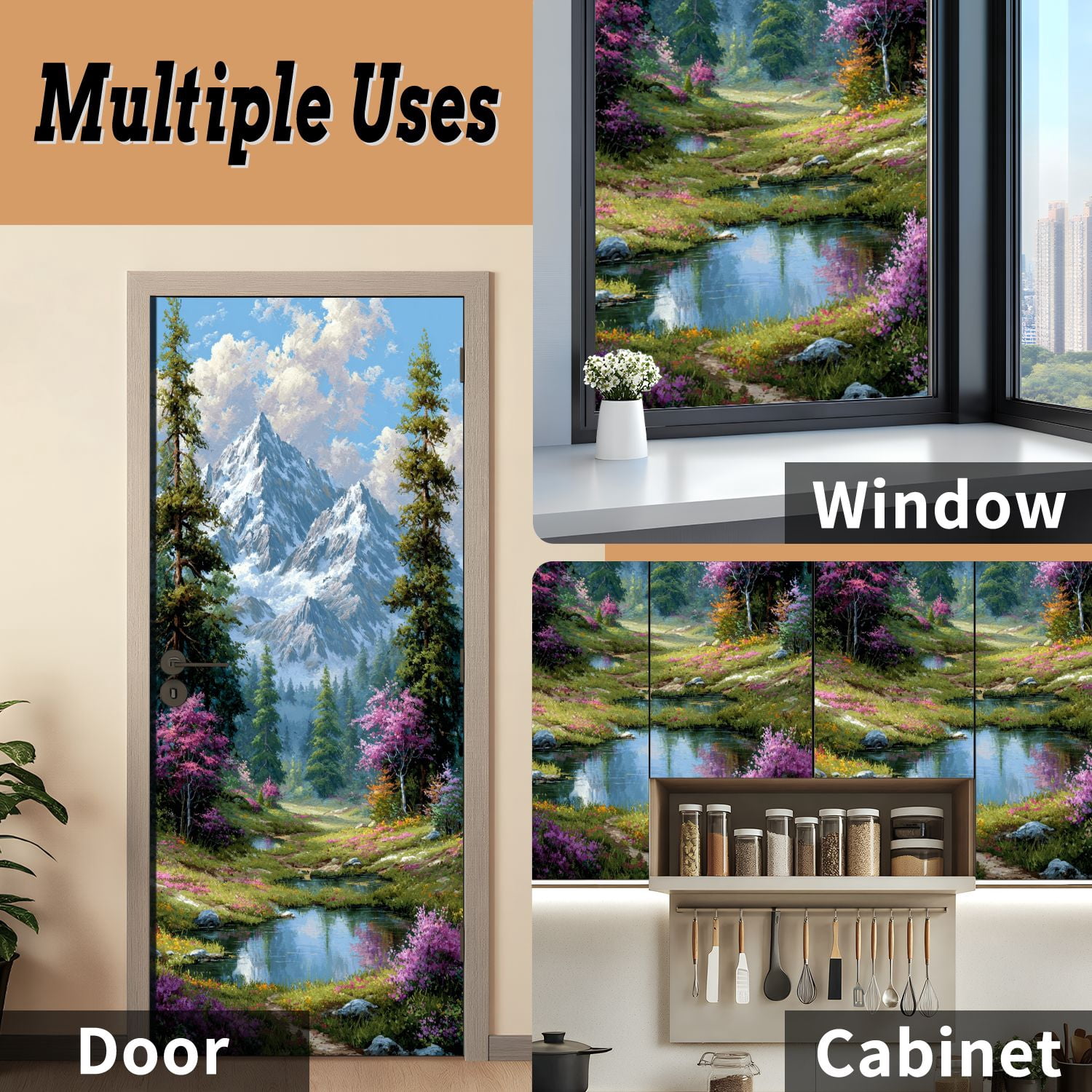 Self Adhesive Vinyl Refrigerator Wrap Set Denali Fireweed Denali National Park Alaska Door Mural Removable Fridge Sticker Peel and Stick&nbsp;Full Door Cover Decal Kitchen Bar Decor