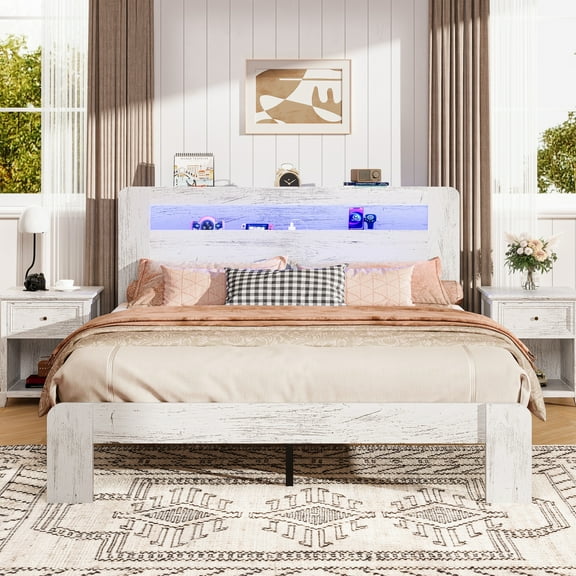 Full Bed Frame with LED Storage Headboard and Charging Station, UHOMEPRO Wood Full Bed Frame with Strong Support and RGB Lights, Modern Farmhouse Bedroom Furniture, No Box Spring Needed, White