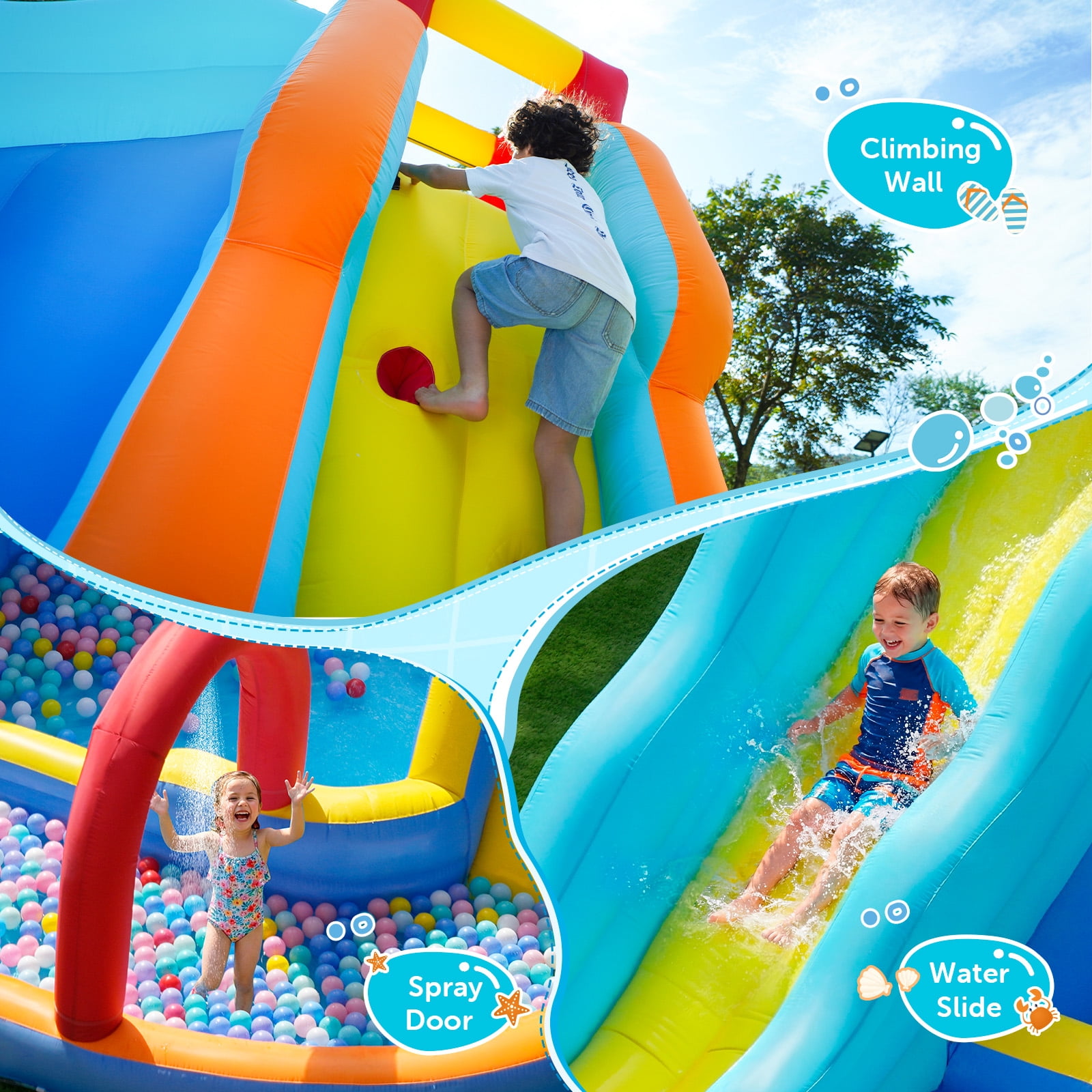 Patbrela Inflatable Water Slide Bounce House with Blower, 202x145x100inches, 12-in-1 Water Park with Extra Long Water Slide, Deep Pool, Basketball Hoop, Water Basin, Spray Door, Indoor/Outdoor