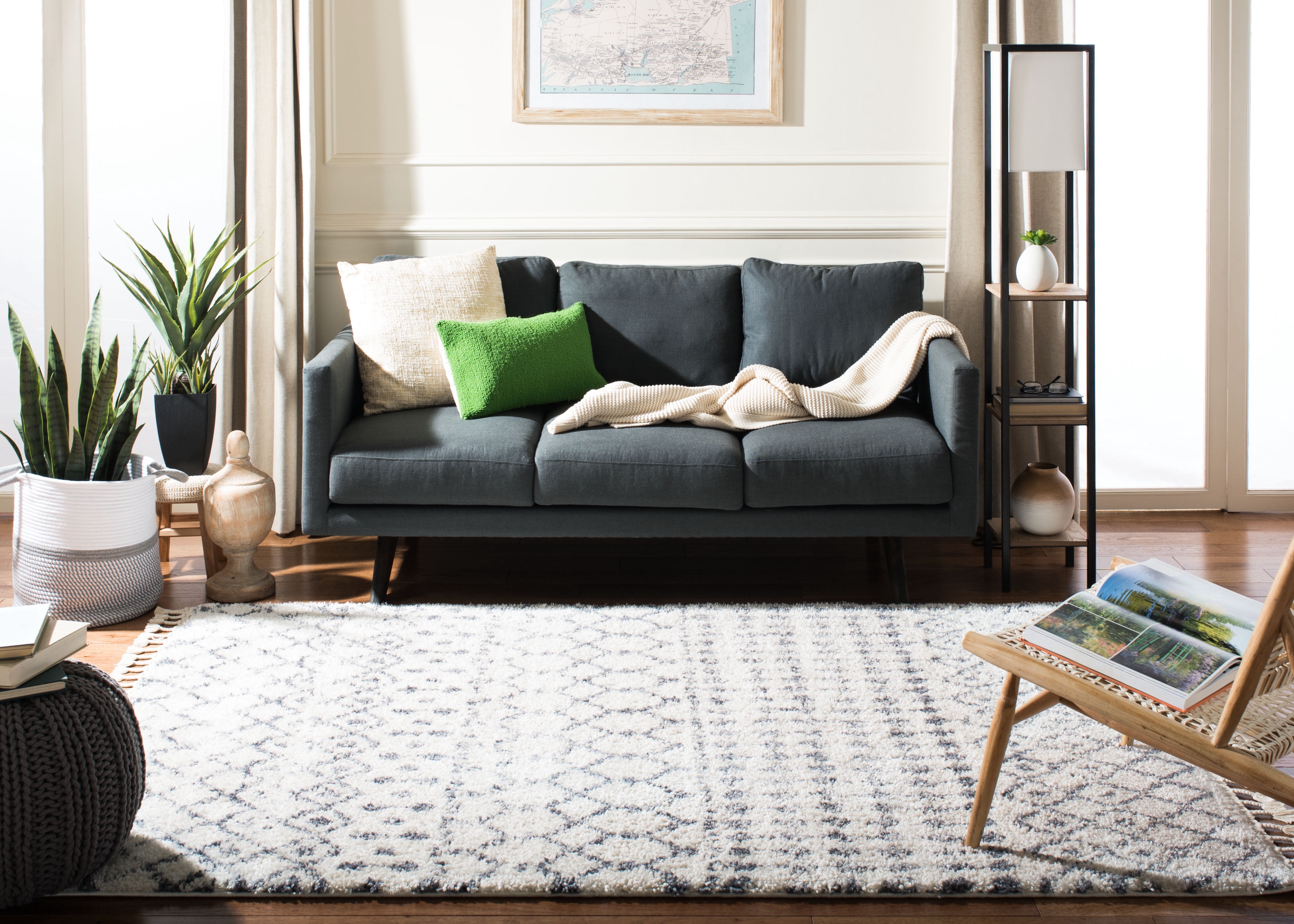SAFAVIEH Berber Fringe Erin Aztec Shag Area Rug, Cream/Dark Gray, 6'7" x 6'7" Square
