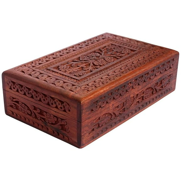 Handmade Wooden Jewellery Box for Women Wood Jewel Organizer Hand Carved with Intricate Carvings Gift Items - 8 inches